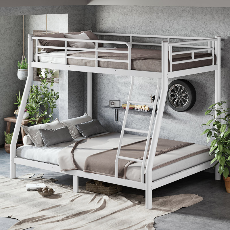 Metal Bunk Bed with Guardrails and Slats, Jumeaux sur complet, White