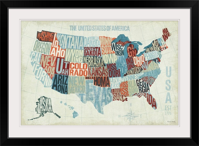 «USA Modern Blue» par William, art textuel, H 28 po x l 38 po x P 1 po, Cadre noir