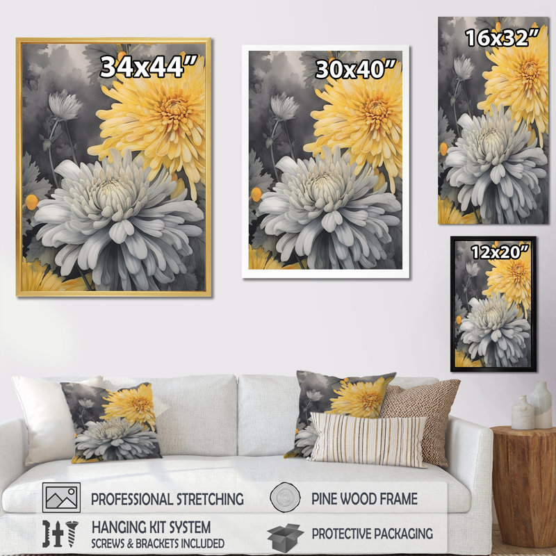" Yellow Gray Mums Spendor ", 20" H x 12" W x 1" D, White Floater Frame