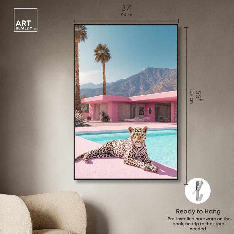 Art Remedy, toile d'art moderne tigre, maison rose léopard, Cadre flottant noir, H 55 po x l 37 po