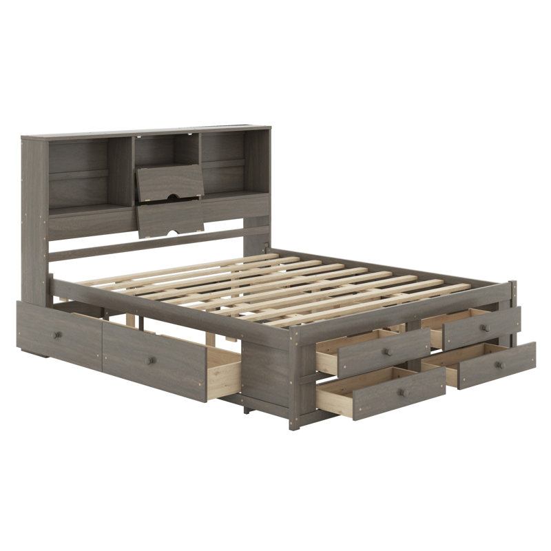 Lit plateforme avec tête de lit avec rangement et 8 tiroirs, Gris, Très grand lit