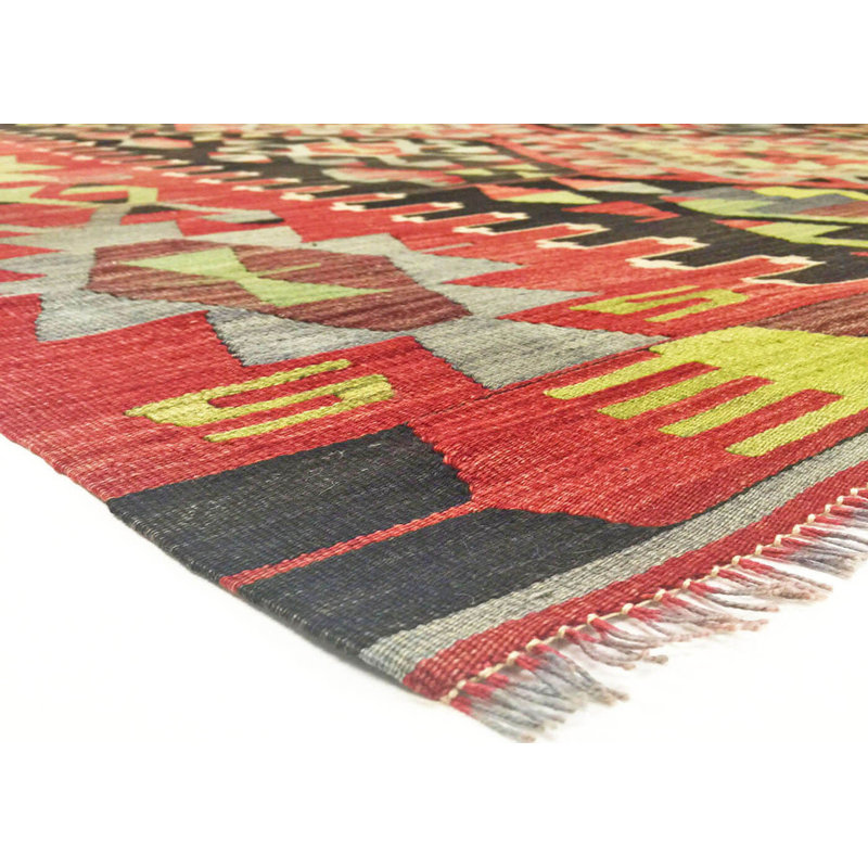 Tapis unique en laine noué à la main des années 1960 de 5 pi 11 po x 11 pi 2 po noir / rouge / vert / jaune