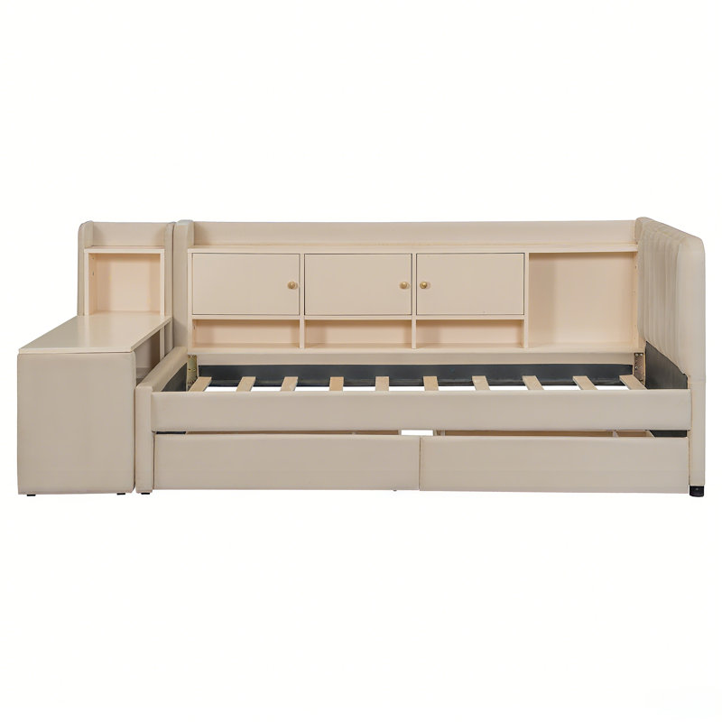 Lit de jour simple tapissier avec tiroirs, tablettes, armoires rabattables et table d'appoint, Beige