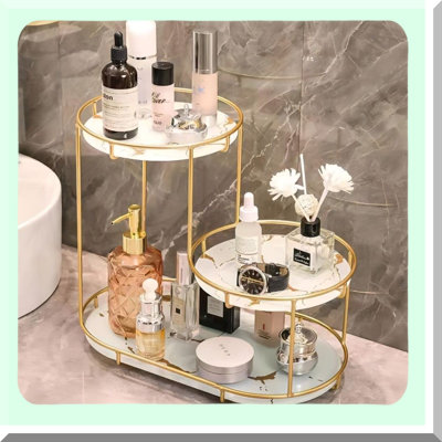 Tri-Tier Vanity Organizer: Large Capacity Bathroom Countertop Shelf with Removable Marble Tray and Metal Frame
