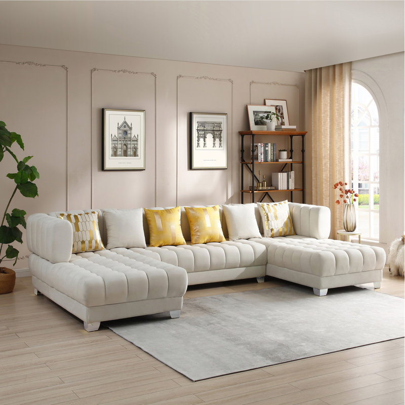Canapé modulaire double en U Addilyn Marigold Velvet, Velours crème