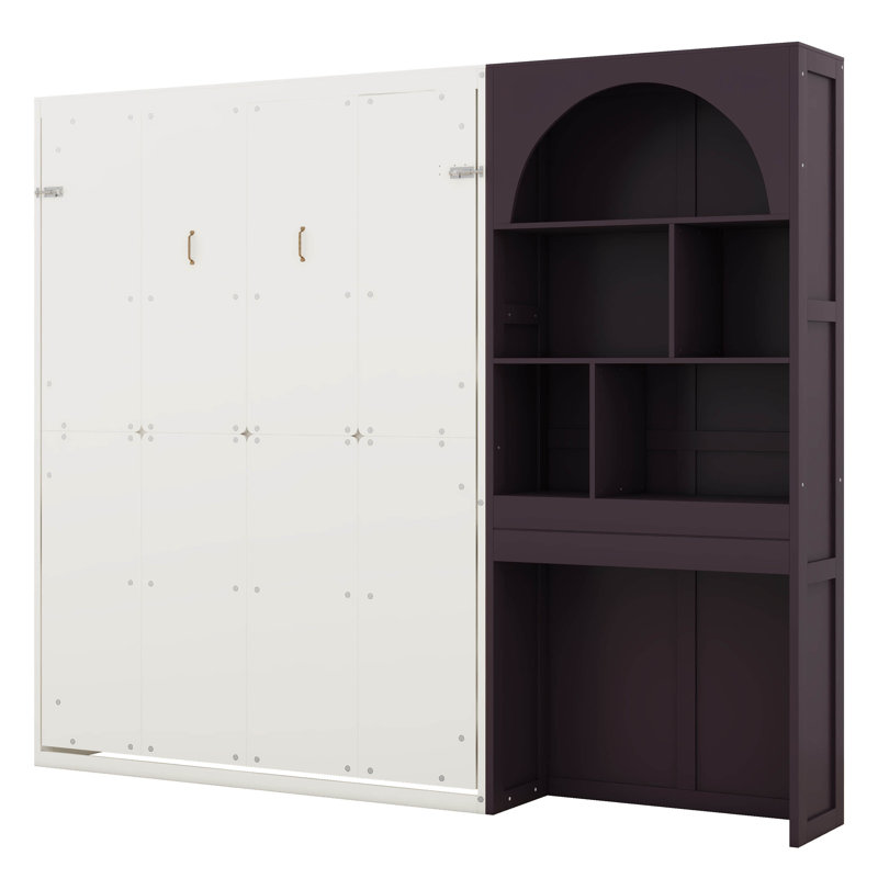 Lit escamotable avec armoire arquée, DEL intégrée, tiroir, cadre de lit mural pliable, plusieurs compartiments de présentation ouverts