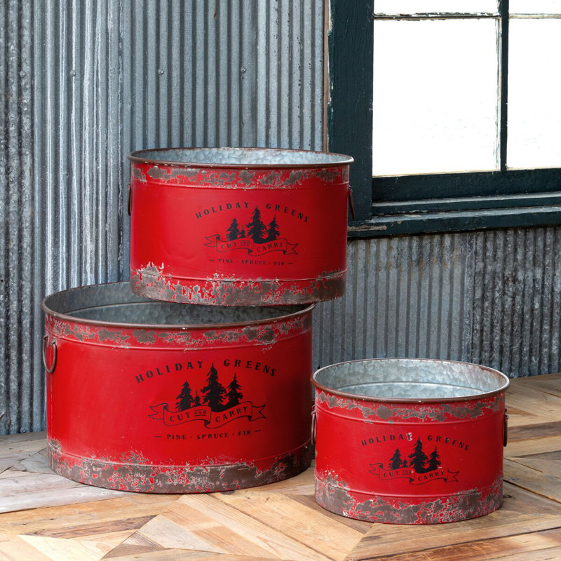 3-Piece Antique Red Metal Tree Pots
