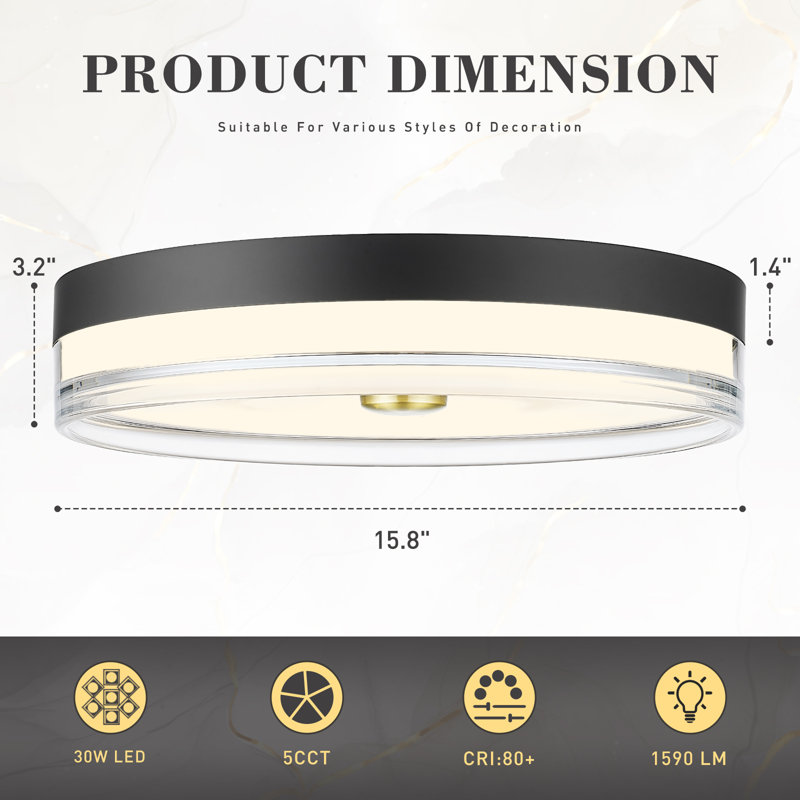 16 Inch Dimmable LED Flush Mount 5 Colors Temperatures Switch, Black