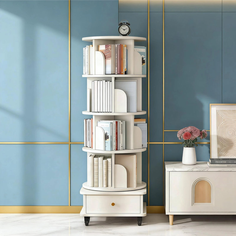 Bibliothèque rotative à 4 niveaux sur 360 ° avec tiroir et roulettes, rangement mobile, Blanc