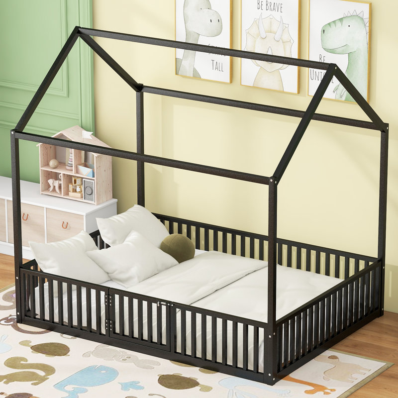 Metal House Bed With Fence, White, Full