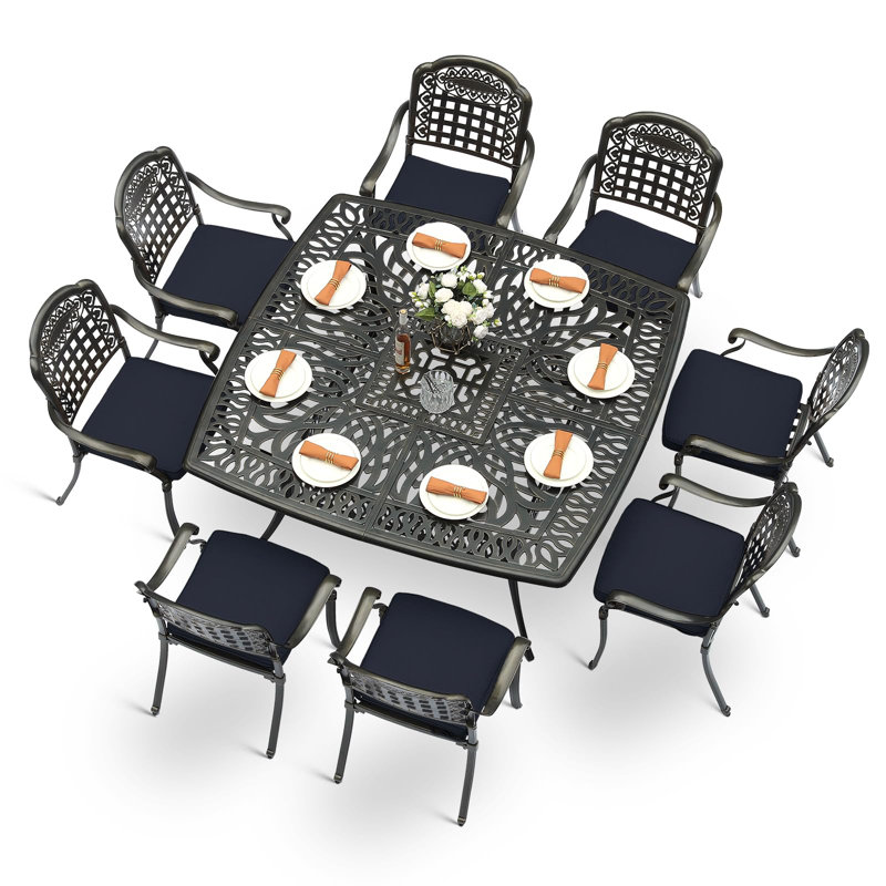 9-Piece Outdoor Furniture Dining Set For 8, All Weather Cast Aluminum Patio Dining Set- Large 64" Square Table With Umbrella Hole And 8 Cushioned Chairs, Patio Table And Chairs Set