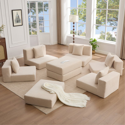 [VIDÉO FOURNIE] Canapé modulaire convertible 10 en 1, canapé d'angle, canapé-lit convertible au sol, velours côtelé, poche latérale, sans assemblage, bricolage, canapé modulaire en forme de L, 6 coussins, beige