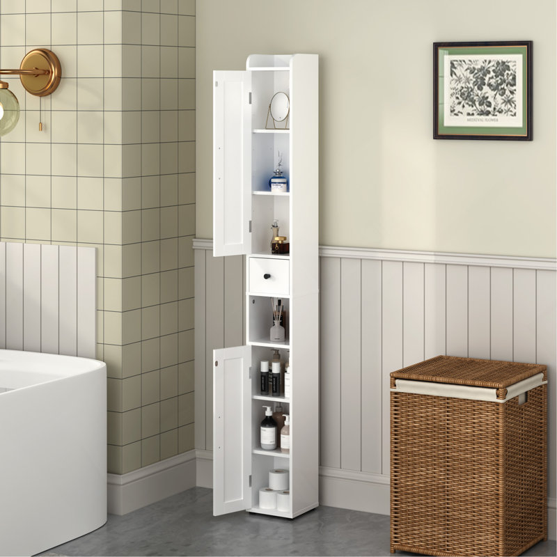 67.51" Tall Bathroom Storage Cabinet with Adjustable Shelves,Slim 2 Doors Freestanding Cabinet with Anti-Tip, Open compartments, for Home, Small Spaces, Bathroom,Kitchen, Living Room, White