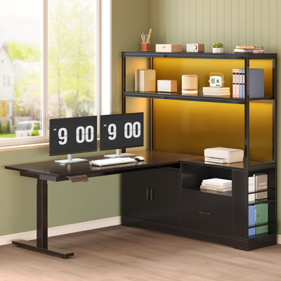 L Shaped Standing Desk, Adjustable Height Desk Reversible Computer Office Desk With Drawers & Hutch