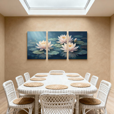 Plantes et fleurs, nénuphars sur fond d'eau foncé, ensemble de 3 impressions sur toile
