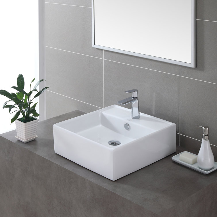 White Ceramic Square Vessel Bathroom Sink with Overflow