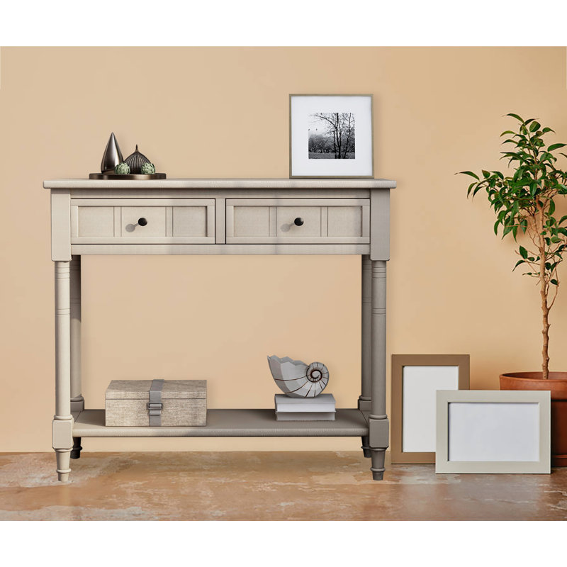 Floriean Rustic Vintage Farmhouse Style Console Table - 2 Drawers, Bottom Shelf, Retro Grey