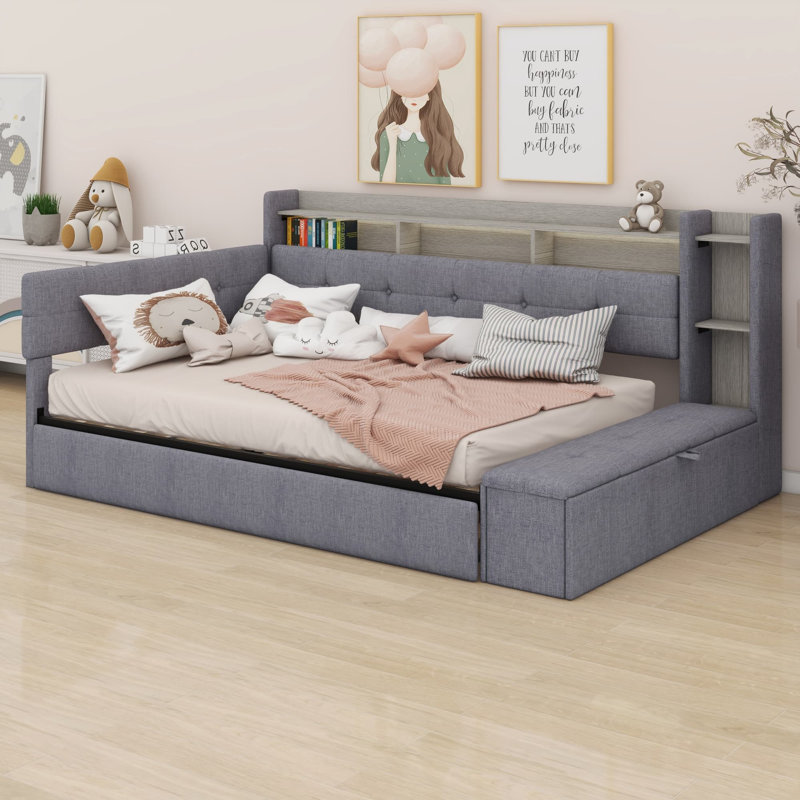 Lit de jour multifonctionnel rembourré avec couchette, repose-pieds de rangement, tablettes, USB et DEL, Gris