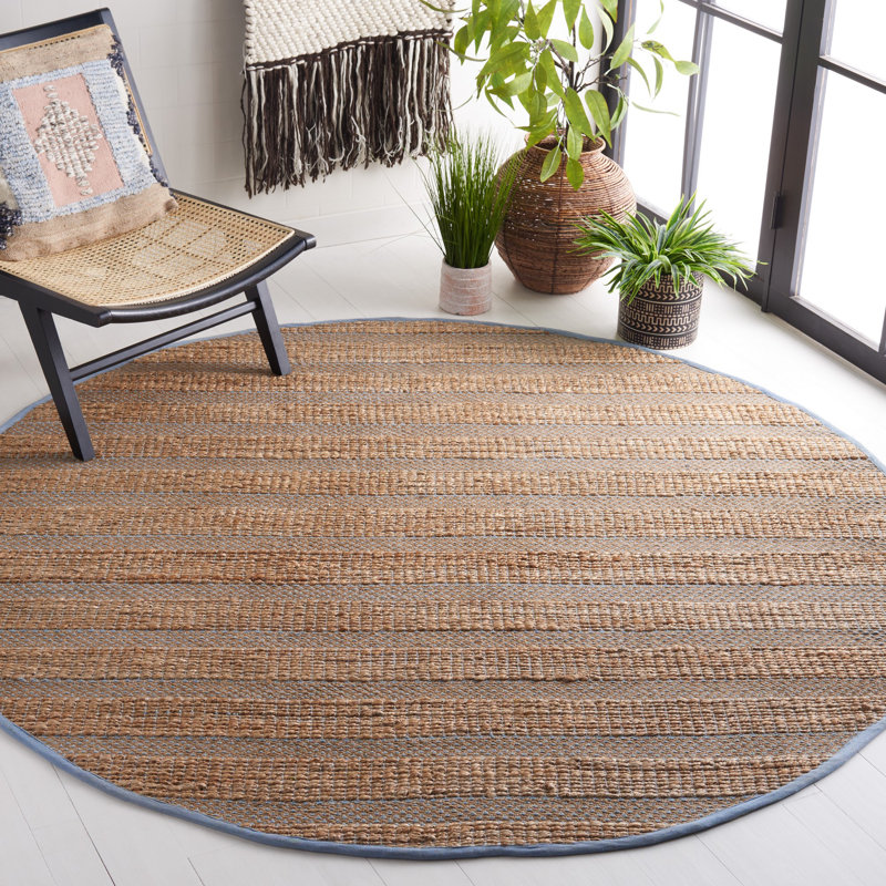 Ifeoluwapo Natural Fiber Flat Weave Jute/Cotton Geometric Rug in Light Blue/Natural, Round 7'