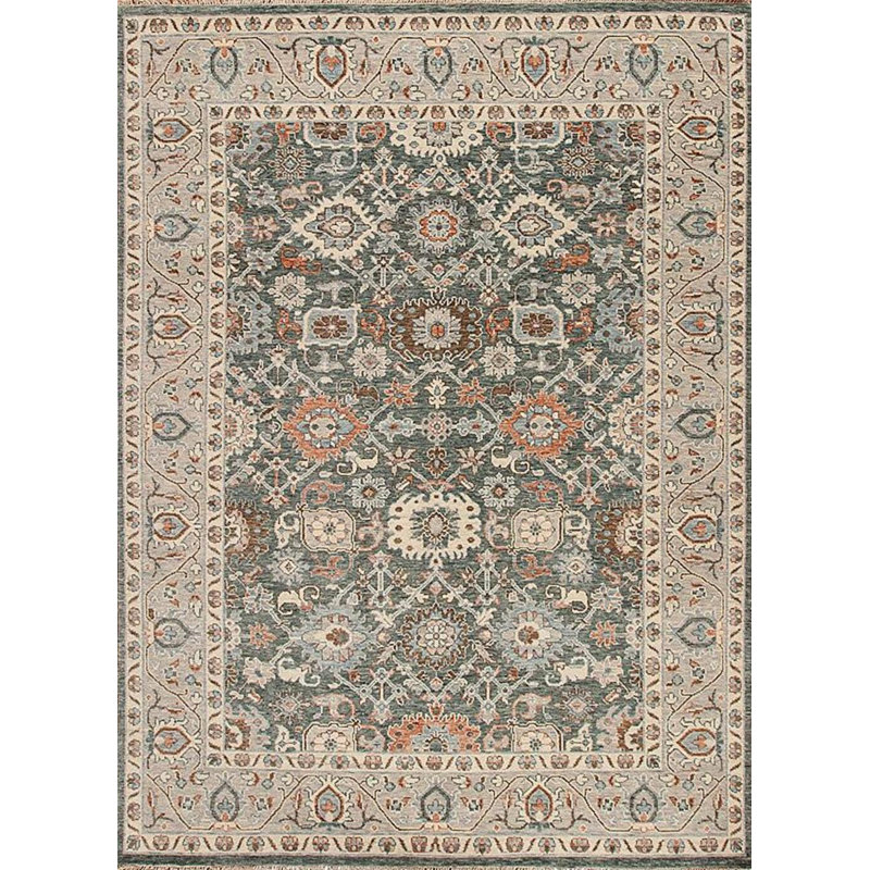 Shangri-La Hand Knotted Wool Area Rug in Sea Blue/Beige/Orange, Rectangle 9' x 12'