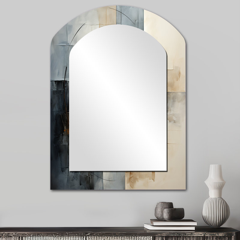 Gold Grey Gleaming Geometry VI - Abstract Collages Arch Wall Mirror, Gold Asymmetrical Decorative Mirror, Printed Metal Art