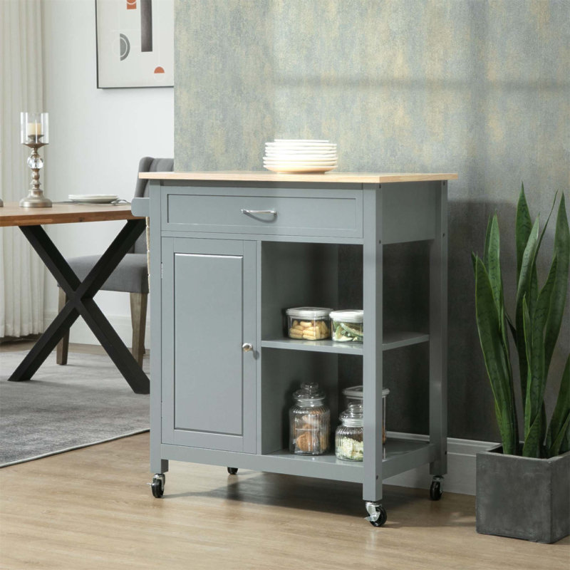 Chariot pour îlot de cuisine polyvalent avec rangement, plateau en bois massif et tablettes réglables pour les cuisines modernes