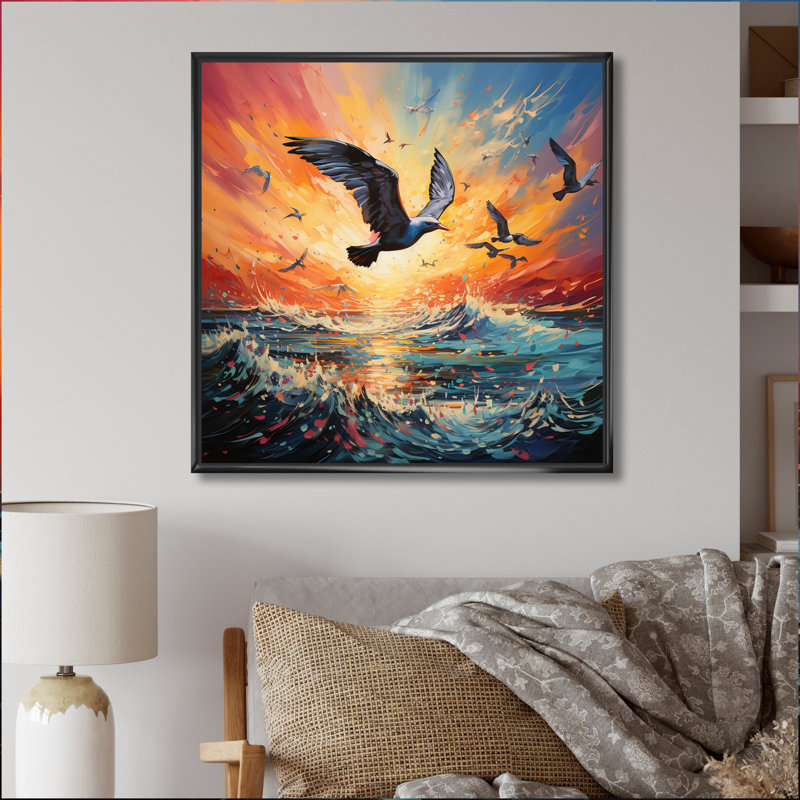 " Seagull Symphony Pointillism ", Black Floater Framed Canvas, 30" H x 30" W