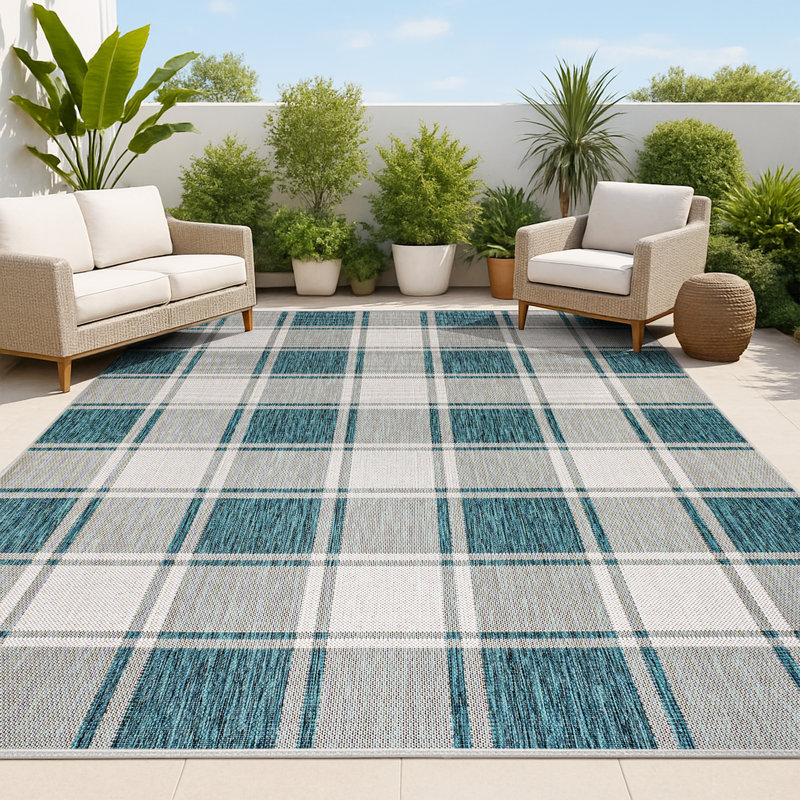 Tapis turquoise / crème intérieur / extérieur Sabine, Rectangle 4pi x 6 pi
