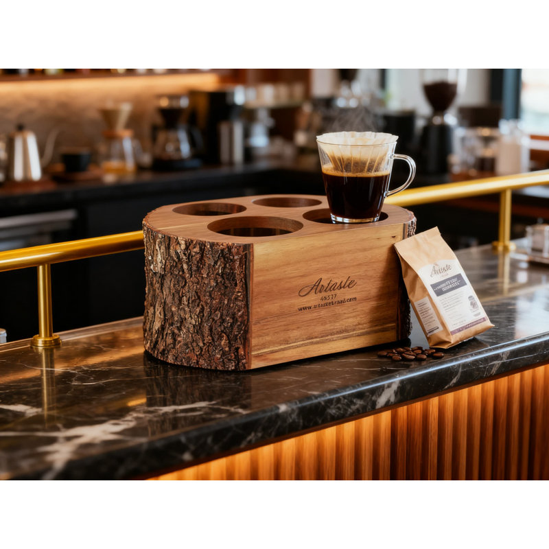 Support à vin de comptoir en bois d'acacia avec bordure en écorce naturelle, décor de cuisine ou de bar rustique, pouvant contenir 4 bouteilles de vin
