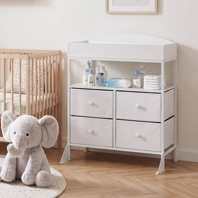 Table à langer pour bébé avec tiroirs en tissu et porte-couches, l 33 po x P 18 po, commode de rangement moderne en métal avec 4 bacs pour petits appartements ou chambre d'enfant, blanc