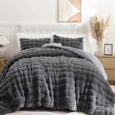 Ensemble de couette en fausse fourrure à bulles - Couette ultra douce et chaude avec deux taies d'oreiller