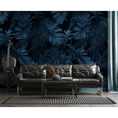 Navy Tropical Palm Leaf Wallpaper on Black