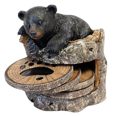 Baez Black Bear Cub in a Stump Bear Paw 4-Piece Coaster Set with Holder