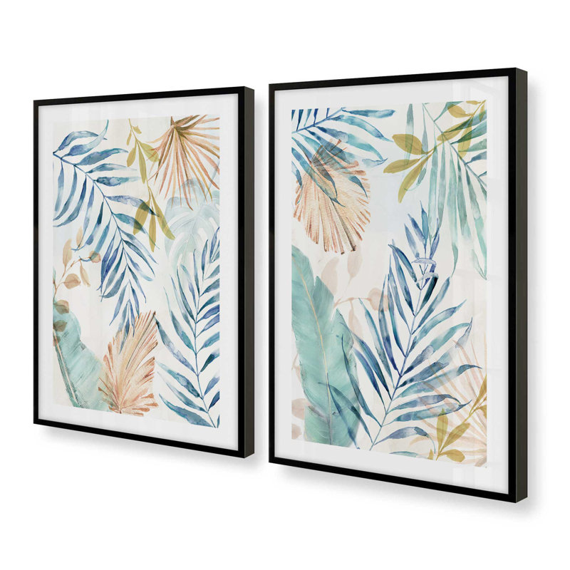 Ensemble de 2 impressions sur feuilles Leafy Breeze, 30 po x 20 po, Impression encadrée, Noir satiné