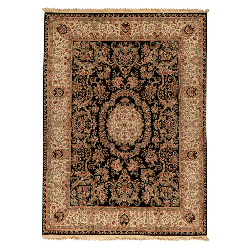 Tapis noir et ivoire de haute qualité noué à la main