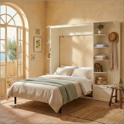 Murphy Bed with Storage & Lights, Hidden Fold-Out Legs, Oak Veneer Finish, Built-in Shelves & Cabinets, Space-Saving Wall Bed with Hook for Small Spaces