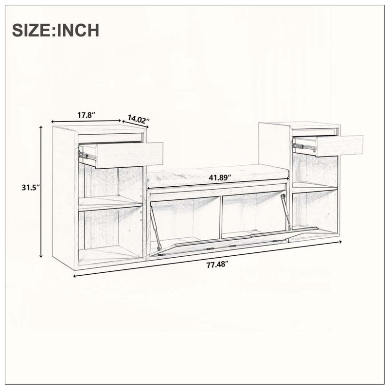 Banc de rangement tout-en-un avec coussin, compartiments, tiroirs et tablettes ouvertes, banc de rangement, Brown