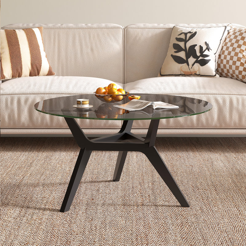 Round Coffee Table with Solid Wood Legs, Minimalist Tempered Glass Table, Black