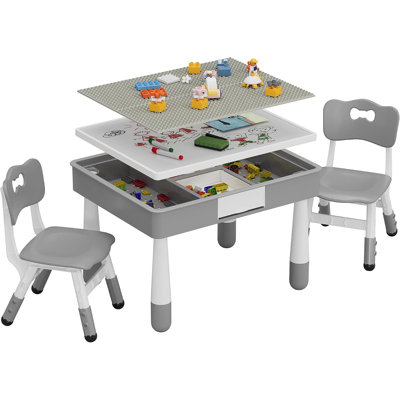 Ensemble table et chaises d'activités 4 en 1 pour enfants - Table pour enfants avec 2 chaises réglables en hauteur - Plateau réversible double face (graffiti/blocs de construction)