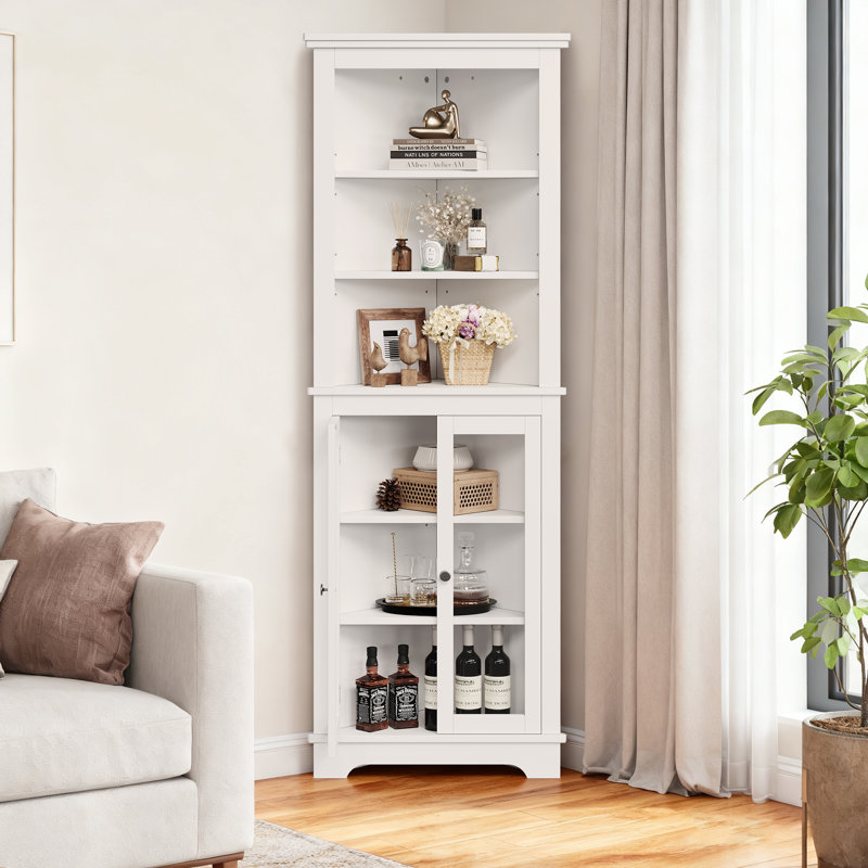 63" Tall White Corner Cabinet, Kitchen Storage Cabinet with 3 Open Shelves & Double Door Enclosed Compartment, Corner Organizer for Living Room, Dining Room, Bathroom