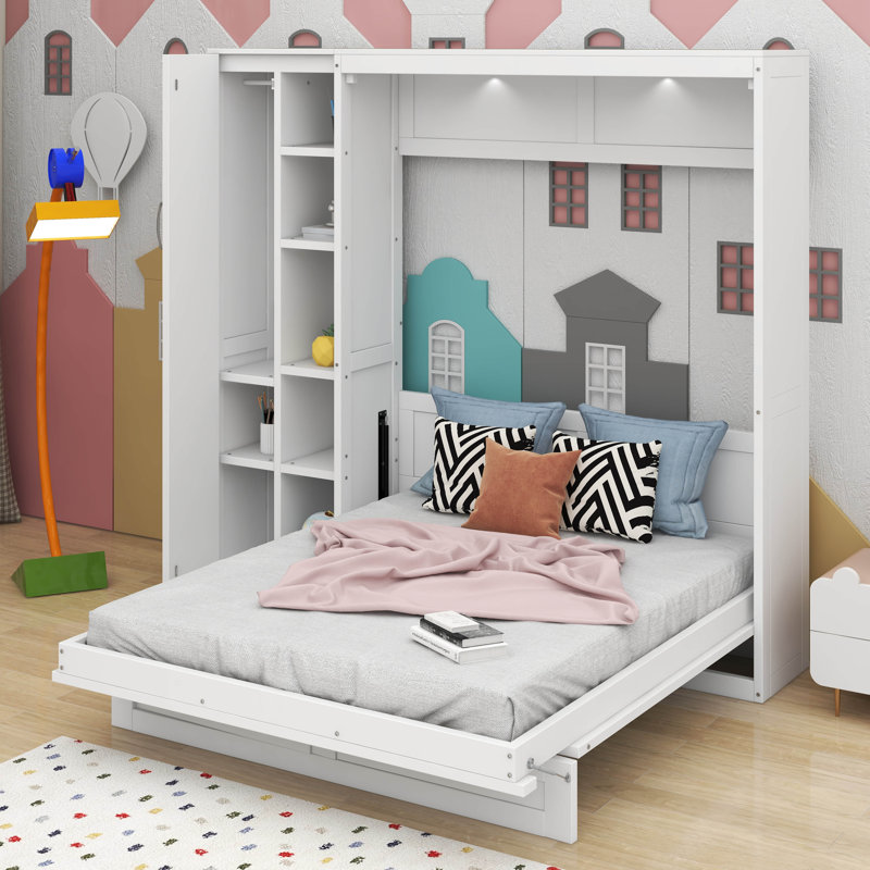 Lit escamotable double avec tablettes, garde-robe et DEL, Lit double, Blanc