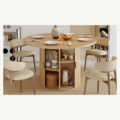 Table de salle à manger ronde de 119 cm (47 pouces), idéale pour 4 à 8 personnes, dotée d'une étagère de rangement à deux niveaux peu encombrante et résistante à la poussière ; table de salle à manger ovale extensible en bois massif avec un piètement de style colonne (finition en bois naturel).