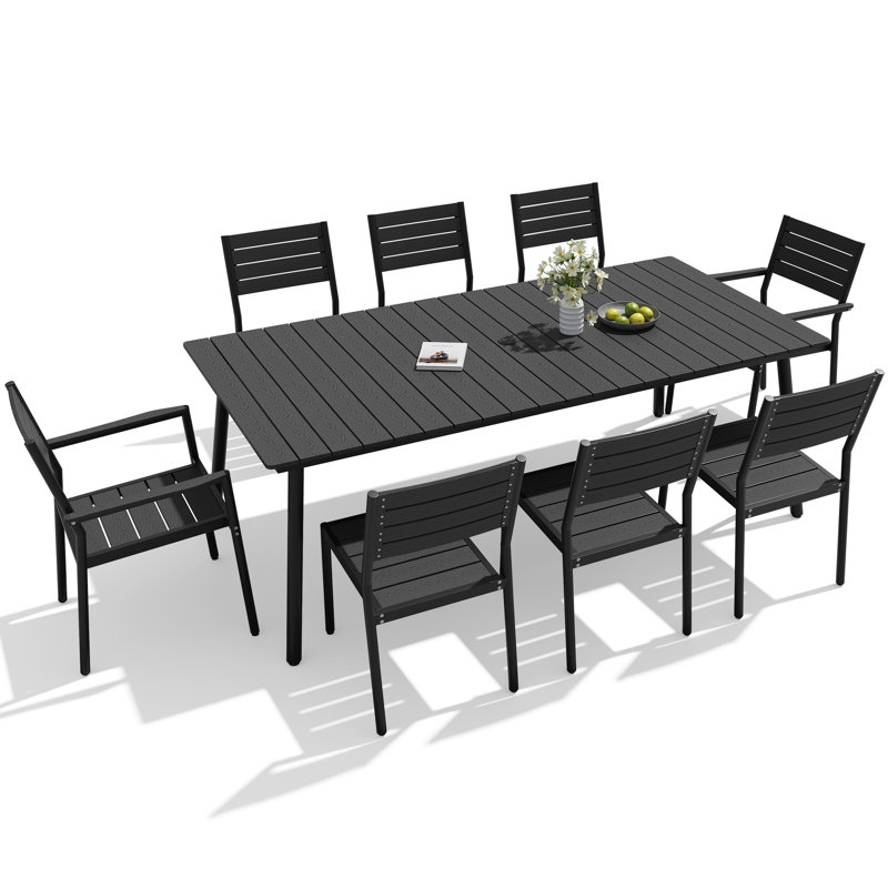 8 - Person Aluminum Patio Dining Set With Umbrella Hole And Armed And Armless Chairs, Black