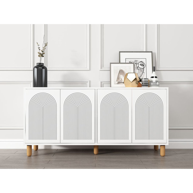 Console moderne blanche de 59,1 po x 28,7 po x 14,2 po | 100% panneau de particules enduit de mélamine, épaisseur: 0,7 pouce | Fixation murale avec nombreuses tablettes | Conception géométrique épurée pour les espaces contemporains