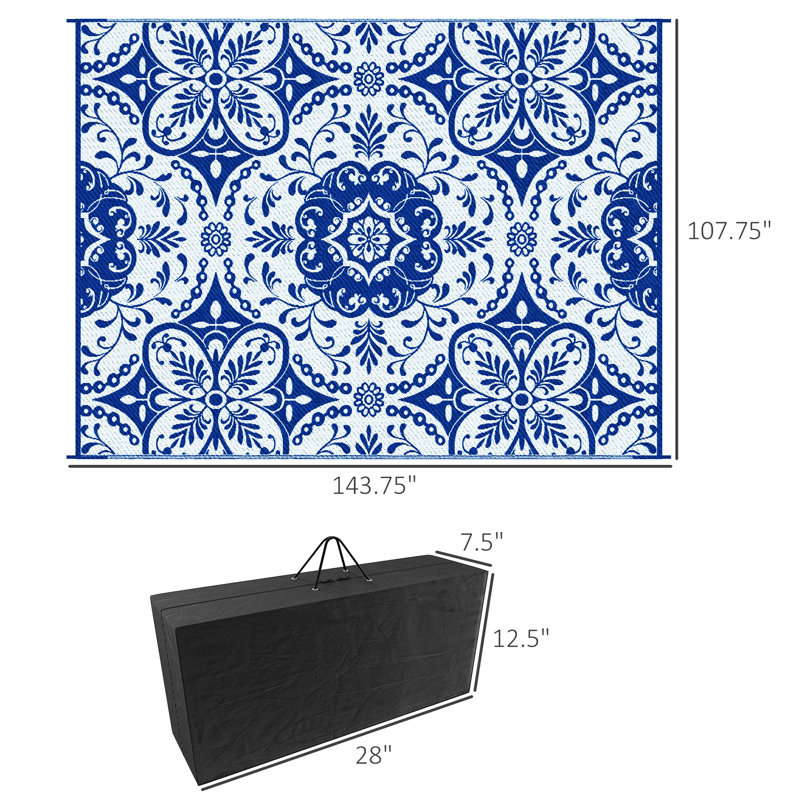 Tapis de camping portatif extérieur - réversible à motif floral bleu et blanc, fibres de polypropylène rapides, bordure, en polypropylène 310G / M,