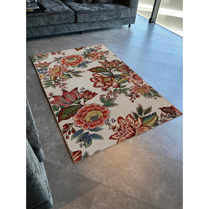Tapis décoratif moderne et multicolore à motif de roses et de feuilles à thème beige