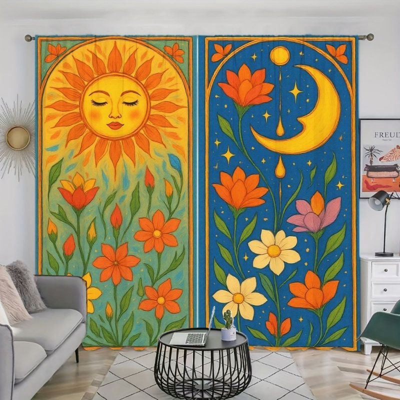2Pcs Boho Sun Moon Curtains, Aesthetic Floral Pattern, Rod Pocket Window Drapes, Retro Style, Living Room Bedroom Study Window Decor