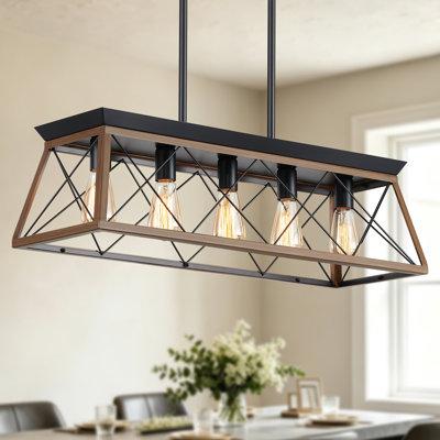 Lustre de style ferme à 5 lumières pour salle à manger, luminaire rustique en bois foncé pour îlot de cuisine