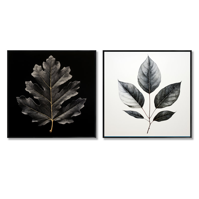 Feuille de chêne noir onyx - ensemble de 2 feuilles carrées, Cadre flottant noir, H 16 po x l 33 po
