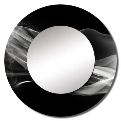Sihveri Black White Contemplative Abstraction I - Waves Decorative Mirror, Modern Large Round Wall Mirror, Printed Metal Art